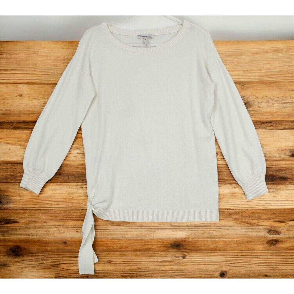 BCBG Eneration Side Tie Sweater Women S Scoop Neck‎ Long Sleeve Beige Minimalist